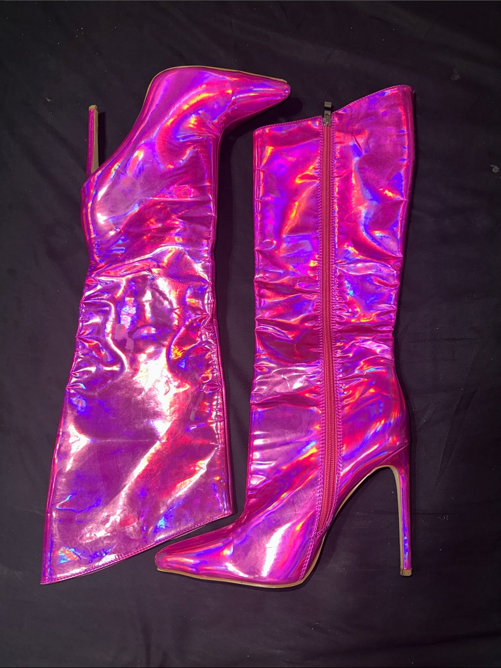 Women's Metallic Pink Holographic Knee-High Stiletto Boots